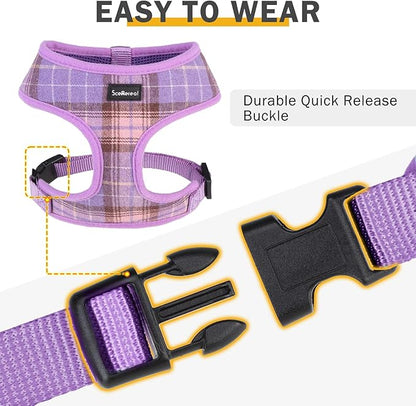 SCENEREAL Puppy Dog Harness with Leash Set for Small Medium Sized Dogs, Soft Mesh Step in Pet Harnesses and Leash, No Chock Plaid Adjustable No Pull Vest for Dogs Cats, Chihuahua,Bulldog (Purple M)