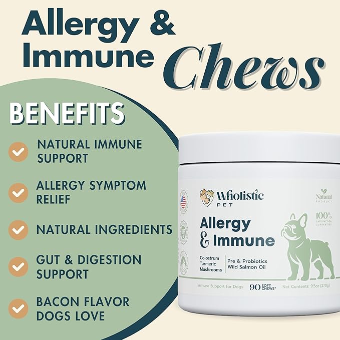 Wholistic Pet Allergy & Immune - Dog Allergy Chews with Mushrooms, Colostrum, Turmeric & Salmon Oil - Immune Support & Itch Relief for Dogs - Pre & Probiotics for Gut Health - Bacon Flavor - 90 Chews