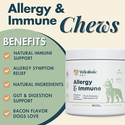 Wholistic Pet Allergy & Immune - Dog Allergy Chews with Mushrooms, Colostrum, Turmeric & Salmon Oil - Immune Support & Itch Relief for Dogs - Pre & Probiotics for Gut Health - Bacon Flavor - 90 Chews