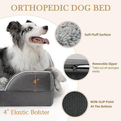 Comfort Expression Orthopedic Dog Bed for Large Dogs 38x25 Inch, Waterproof Supportive Egg Crate Foam Large Pet Bed with Removable Bolsters, Dog Couch with Washable Cover & Non-Slip Bottom, Grey