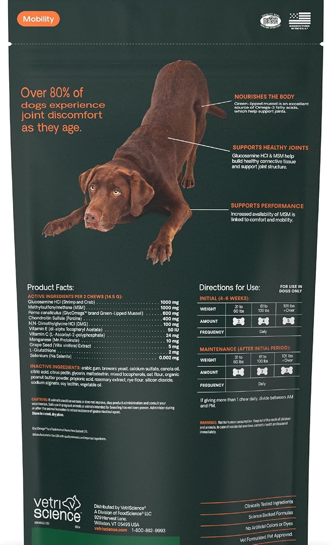 VetriScience Ultimate Strength Hip & Joint Supplement for Dogs, GlycoFlex Plus – MSM, Chondroitin & Green-Lipped Mussel Chews for Mobility, Flexibility, Comfort & Support, Peanut Butter Flavor 120 Cnt
