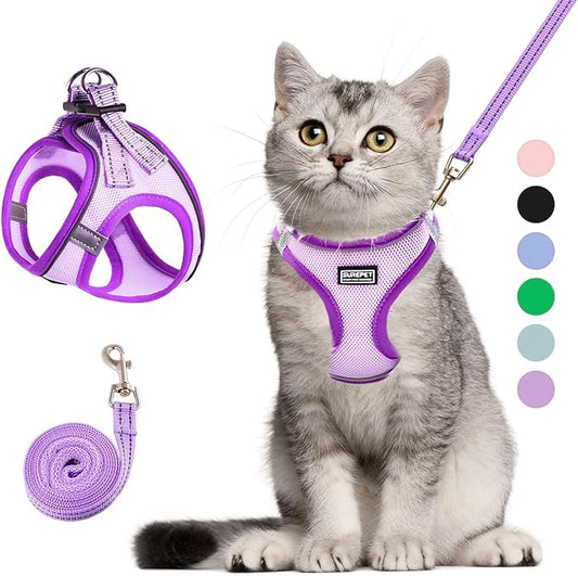 Betmaypet Cat Harness and Leash Set, Soft and Breathable Vest with Reflective Strip, Escape Proof Kitten Harness, Easy to Wear for Cats Walking and Traveling (Purple, M)