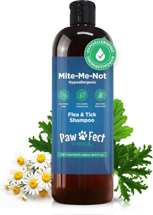 Hypoallergenic Flea and Tick Relief 16.9oz Dog Shampoo for Sensitive Skin Mite Me Not Formula for Itchy and Dry Coats Deep Cleansing and Moisturizing Pet Wash for Dogs and Puppies 500ml