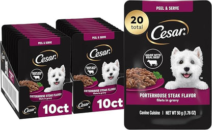 Cesar Filets in Gravy Wet Dog Food, Porterhouse Steak Flavor, 1.76 oz. Mini-Pouch, 20 Count