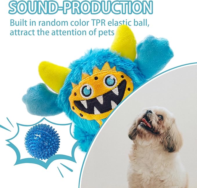 FCCUM Plush Squeaky Dog Ball, Little Monster Puppy Toys Suitable for All Breeds, Chew Guard, Floating Water and Durable Interactive, Round and Soft (Blue, Large)