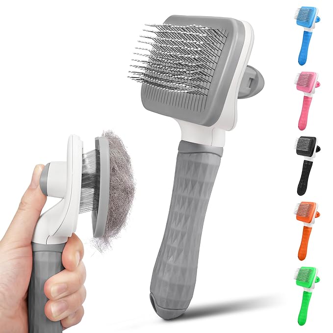 PWOD Dog & Cat Brush, Self Cleaning Slicker Brush for Pets, Upgraded Dog Brush for Shedding Massaging and Grooming, Removes Loose Undercoat & Portable Comb for Long Short Haired Dogs(Gray)