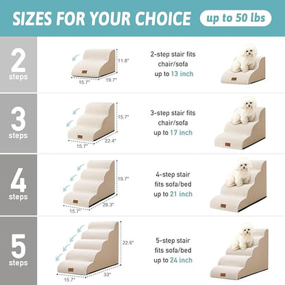 Dog Stairs for Small Dogs 19.7" H, Curved Dog Step for Puppy, Older or Cat, Medium Pet Ramp for Sofa, Couch or Bed, Ladder with High Density Foam, 4 Step, 15.7x28.3x19.7 inch, Beige