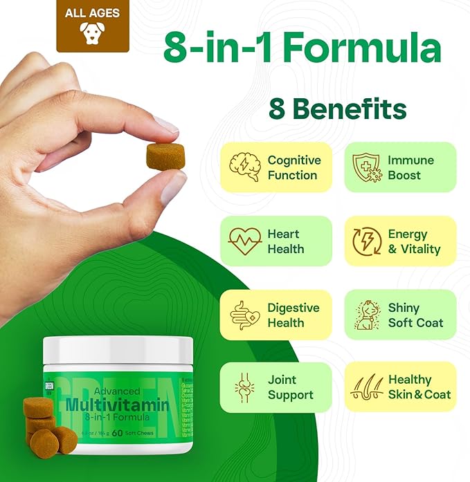 MedsMeHappy 8-in-1 Advanced Multivitamin for Dogs - Omega-3, Joint & Bone Support, Skin & Coat Health - Dog Vitamins & Probiotics for Digestion - Dog Supplies Chicken Flavored 60 Soft Chews