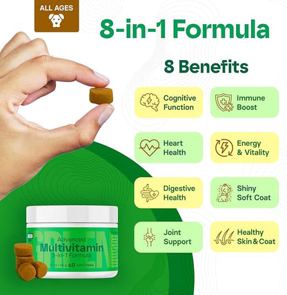 MedsMeHappy 8-in-1 Advanced Multivitamin for Dogs - Omega-3, Joint & Bone Support, Skin & Coat Health - Dog Vitamins & Probiotics for Digestion - Dog Supplies Chicken Flavored 60 Soft Chews