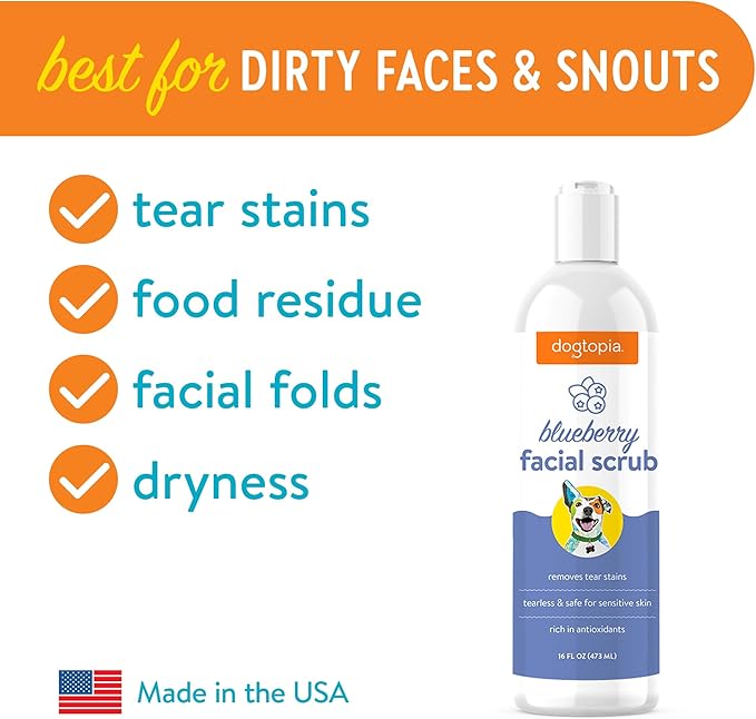 Dogtopia Blueberry Facial Cleansing Wash for Dogs (16oz) and Facial Wipes (60ct) Combo | Gently Remove Tear Stains | Remove Saliva Stains | Brighten and Whiten Coat | Daily Tear Stain Wipes