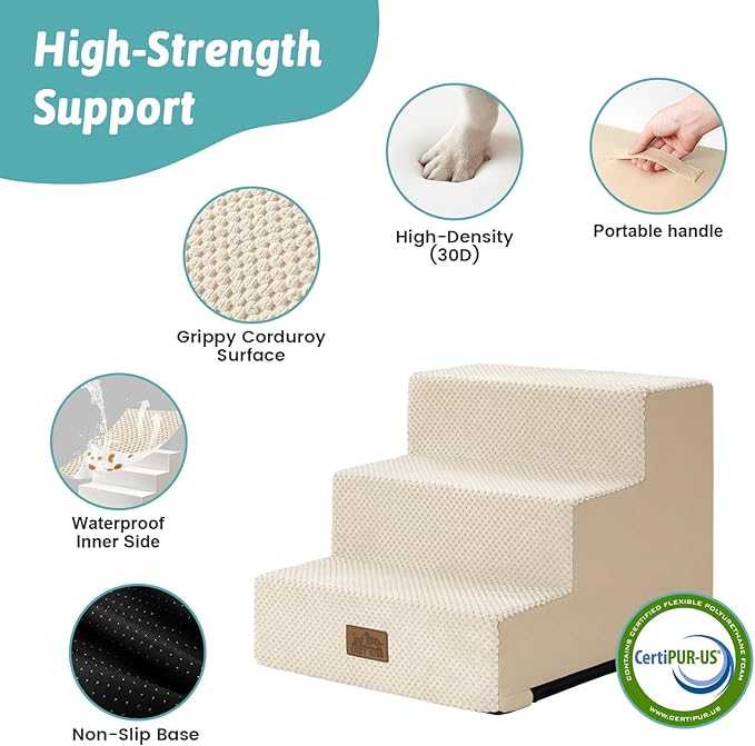 COZY KISS Dog Stairs for Small Dogs, 3 Tier Pet Stairs for Couch, 13.5" H Non-Slip Dog Steps for Old Cats, Puppy, Small Dogs, 15.7x17.7x13.5 inch, Beige