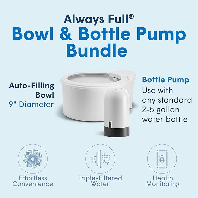Always Full® 9” Dog Water Bowl and Bottle Pump Bundle, Self Refilling with Clean Filtered Water, App-Enabled Smart Hydration Monitoring, Upgradeable System for Dogs and Cats