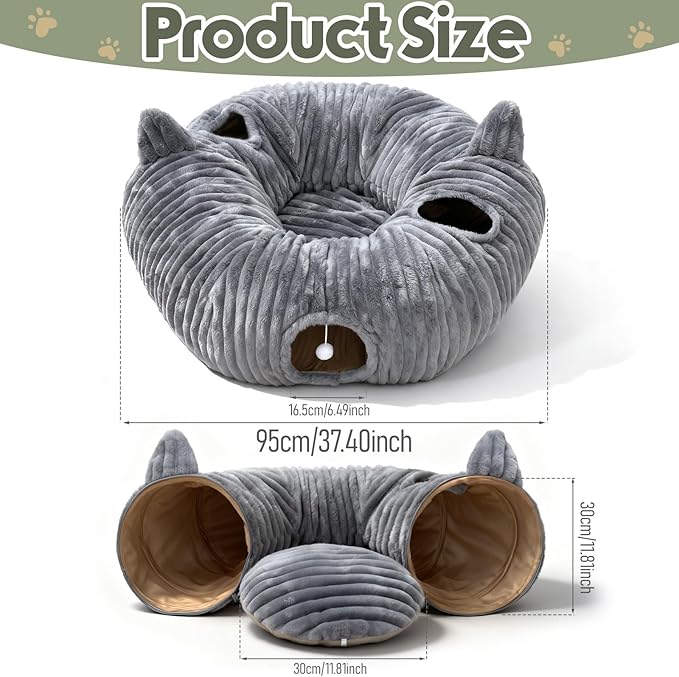 OurWarm Cat Tunnel Bed for Indoor Cats - Round Cat Tunnel Bed with Removable and Washable Circle Cushion, Donut Cats Play Tunnels, Kitten Toys with Ear Sounds for Kitten/Puppy/Rabbit, Grey