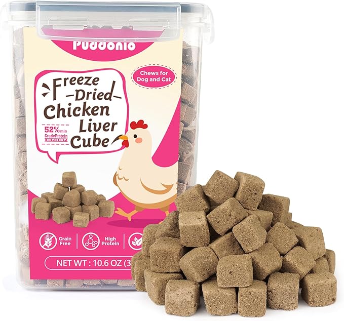 Puddonio Freeze Dried Cats & Dogs Raw Treats, All Natural Single Ingredient Chicken Liver, High Protein Healthy Pet Training Treats or Food Topper, 10.6 oz