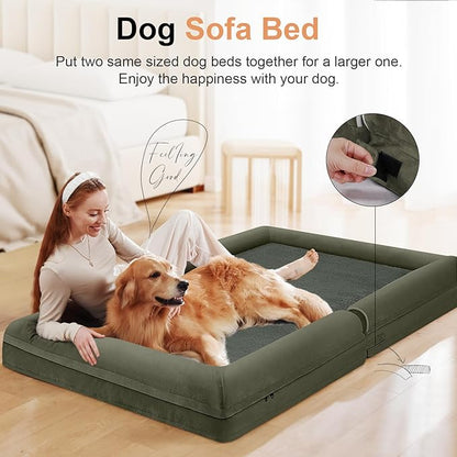 Large Dog Bed Orthopedic Washable: Beds Bolster XL Bed Big XLarge Dogs Memory Foam Couch Sofa Waterproof with Removable Cover - Dark Green