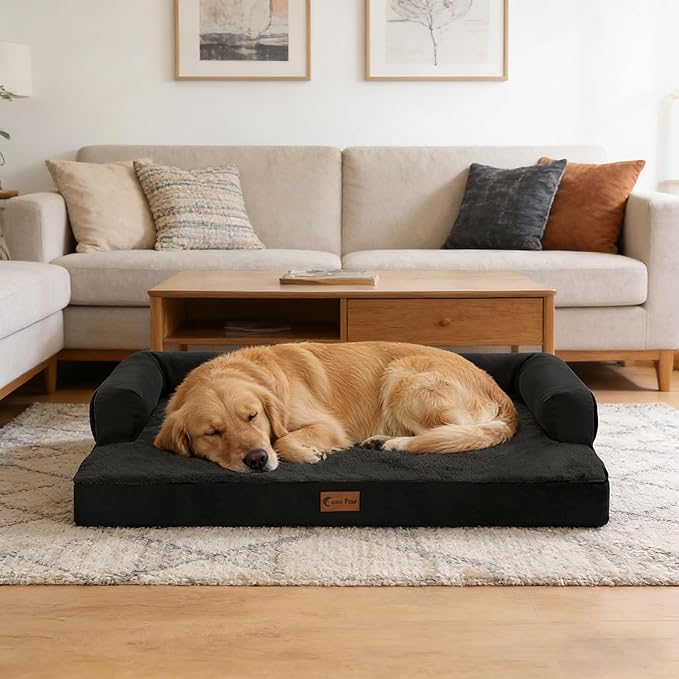 Casa Paw Orthopedic Dog Beds for Extra Large Dogs, Waterproof Egg Crate Foam XL Dog Bed with Sides 48x30Inch, Big Dogs Couch Beds with Removable Washable Cover and Nonskid Bottom, Black
