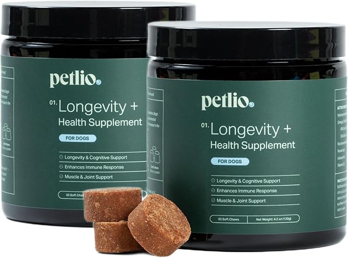 Longevity+ Dog Health Supplement - Dog Vitamins and Supplements for Joint, Muscle, Immune, and Cognitive Health - Vet-Formulated and Made in The USA - for Medium Dogs 25 to 59 lbs - 30 Day Supply