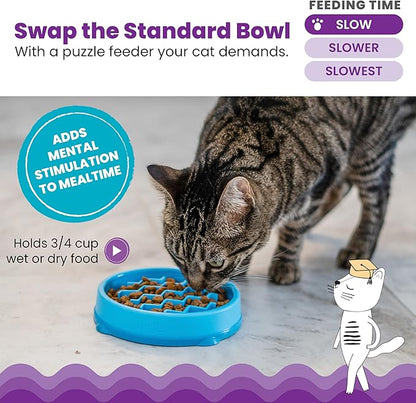 Catstages Kitty Slow Feeder Bowl for Cats & Small Dogs, Puzzle Dish for Fast Eaters, for Wet or Dry Food, Helps Slow Eating & Aid Digestion, Non-Slip, Made Without BPA, 3/4 Cup, 5-Inch, Blue