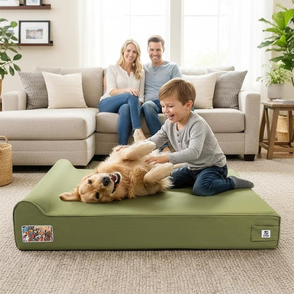 Sytopia XXL 50" Orthopedic Dog Bed – Outdoor Canvas 7" Thick Memory Foam Mattress with Pillow, Removable Washable Waterproof Liner – Ultimate Comfort for Extra Large Breed Dogs Over 100 Pounds, Green