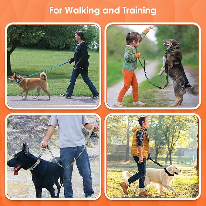 AUBELL Tactical Dog Leash Heavy Duty,4-6ft Reflective Strong No Pull Bungee Leash for Medium Large Dogs with Comfortable Padded Double Handle,Car Seat Belt,360 Degree Rotating Carabiner,Orange