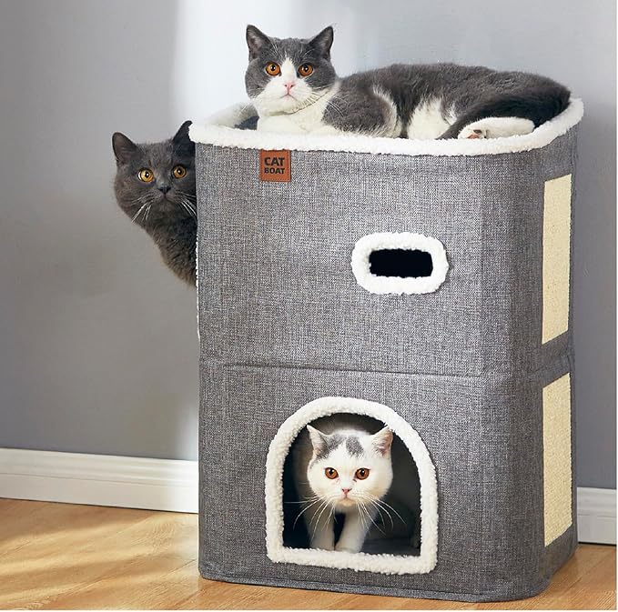 CATBOAT 2-Storey Cat House for Indoor Cats Bed, Covered Beds & Furniture with Scratch Pad and Hideaway Cave, Cute Modern Condo for Multi Small Pet Large Kitten Kitty, Grey