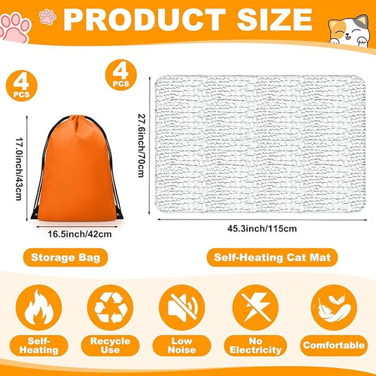 Riakrum 4 Pack Self-Warming Cat Beds with Storage Bags, 45" x 28" Soft Thermal Self Heating Pet Pads, Non-Slip & Washable Heated Mats for Indoor Outdoor Pet
