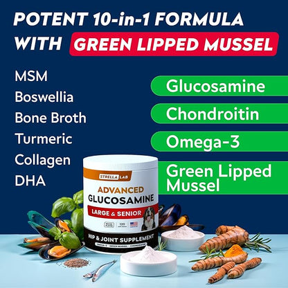 STRELLALAB Advanced Glucosamine Hip & Joint Supplement for Senior Dogs - Green Lipped Mussel & Collagen - Hip & Joint Pain Relief - Large & Small Breed - Joint Health - Bacon - 120 Chews