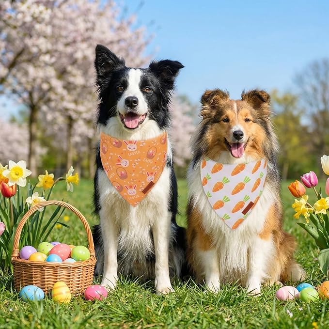PTDECOR Easter Dog Bandana 2 Pack, Reversible Rabbit Carrot Dog Scarf, Multi Size Offered, Yellow White Easter Bandanas for Medium Large Dogs Pets (Large)