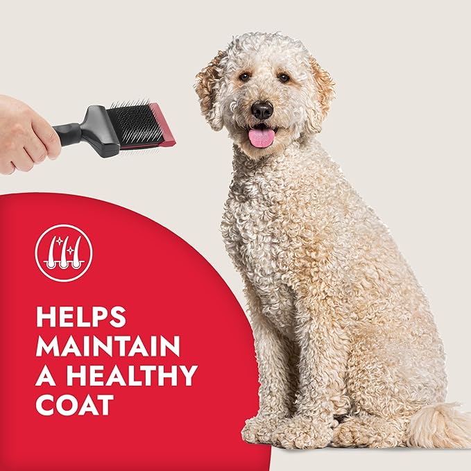 KONG Double-Sided Flexible Slicker Brush – De-Shedding & Detangling Tool, Padded Grip, Long Metal Pins, Flexible Head, for Medium to Large Dogs with Medium to Long Coats, Red/Gray