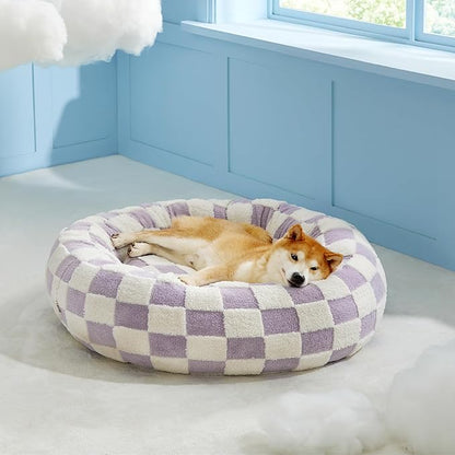 LE SURE Shown on TV Donut Large Dog Bed - XL Round Cat Beds Indoor Anti-Anxiety Calming Bed Present for Pets, Washable Cute Bed with Jacquard Shaggy Plush & Anti Slip Bottom, 36 Inch, Purple
