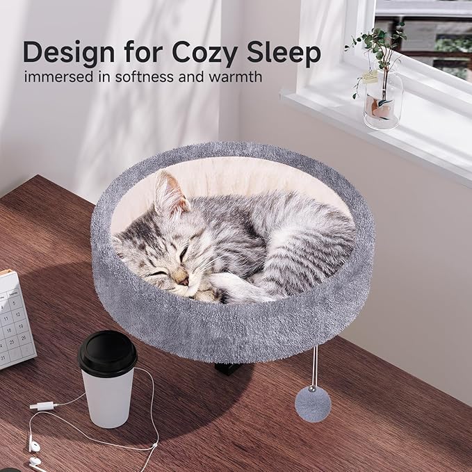 Chumajor Cat Desk Bed - 360° Rotating & Adjustable, Supports 44 lbs, Soft Faux Fur with Dual-Sided Reversible Mat, Modern Indoor Cat Nest Furniture for Office Desks and Game Tables, Island Table