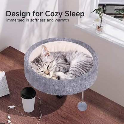Chumajor Cat Desk Bed - 360° Rotating & Adjustable, Supports 44 lbs, Soft Faux Fur with Dual-Sided Reversible Mat, Modern Indoor Cat Nest Furniture for Office Desks and Game Tables, Island Table