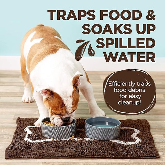 Soggy Doggy Slopmat - Dark Chocolate/Oatmeal Bone - 18” x 24″ - Water Absorbing Door Mat for Muddy Paws and Food/Water Bowls - Microfiber Chenille Small Doormat - Machine Washable