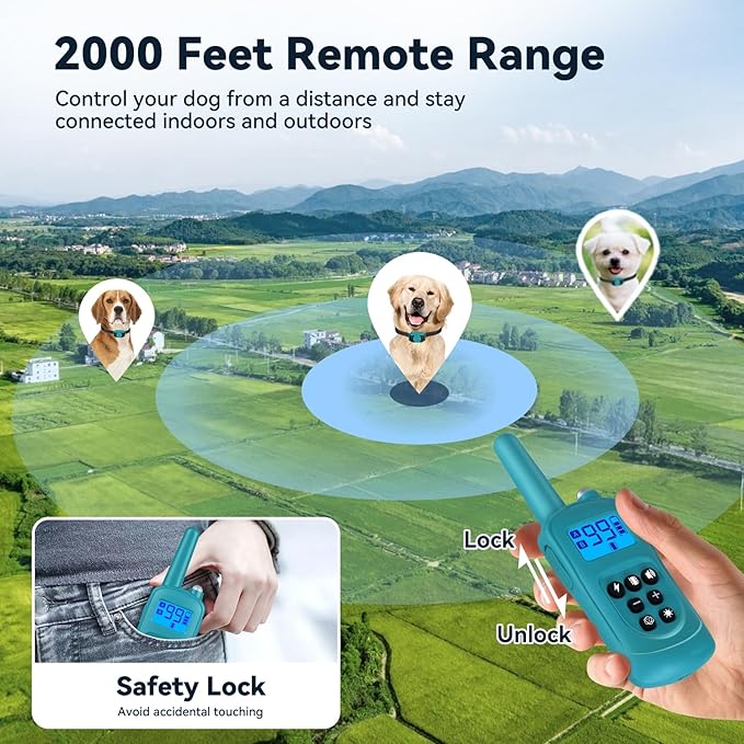 Smallest Dog Training Collar for 3 Dogs，Dog Shock Collar with Remote Control(5–120Lbs), 2000ft Range，4 Training Modes，Waterproof Rechargeable Electric Dog Collar for Small Medium Large Dogs，Cyan