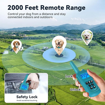 Smallest Dog Training Collar for 3 Dogs，Dog Shock Collar with Remote Control(5–120Lbs), 2000ft Range，4 Training Modes，Waterproof Rechargeable Electric Dog Collar for Small Medium Large Dogs，Cyan