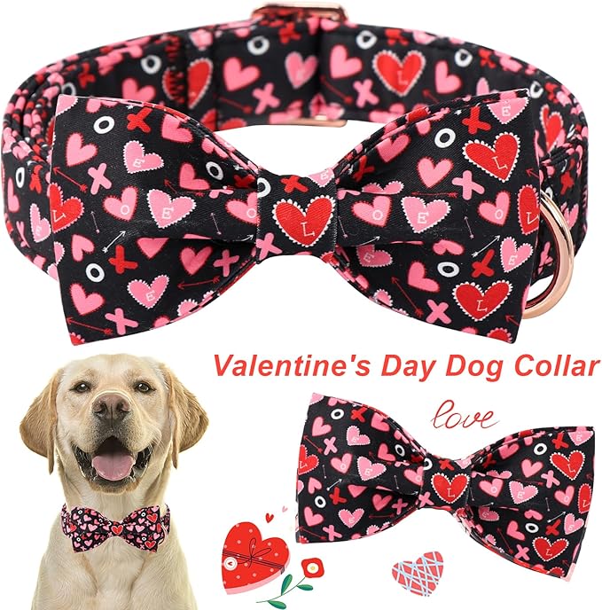 ARING PET Valentine's Day Bow Dog Collar, Black Red Heart Pet Collar with Bowtie for Small Medium Large Dogs-XS