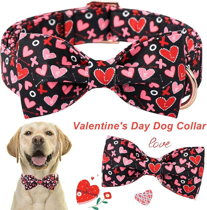 ARING PET Valentine's Day Bow Dog Collar, Black Red Heart Pet Collar with Bowtie for Small Medium Large Dogs-XS