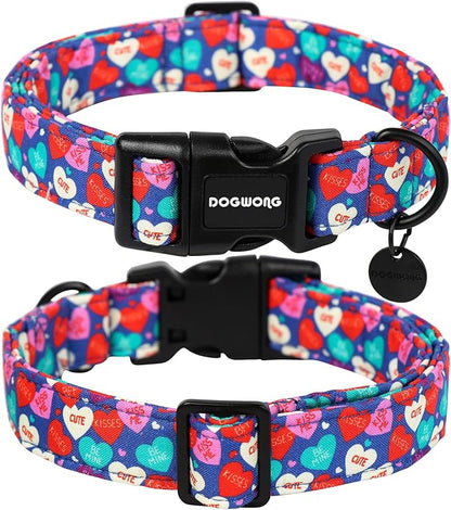 DOGWONG Valentine's Dog Collar - Blue Heart Candy Adjustable Cotton Heart Dog Collar - Perfect for Small to Medium Dogs