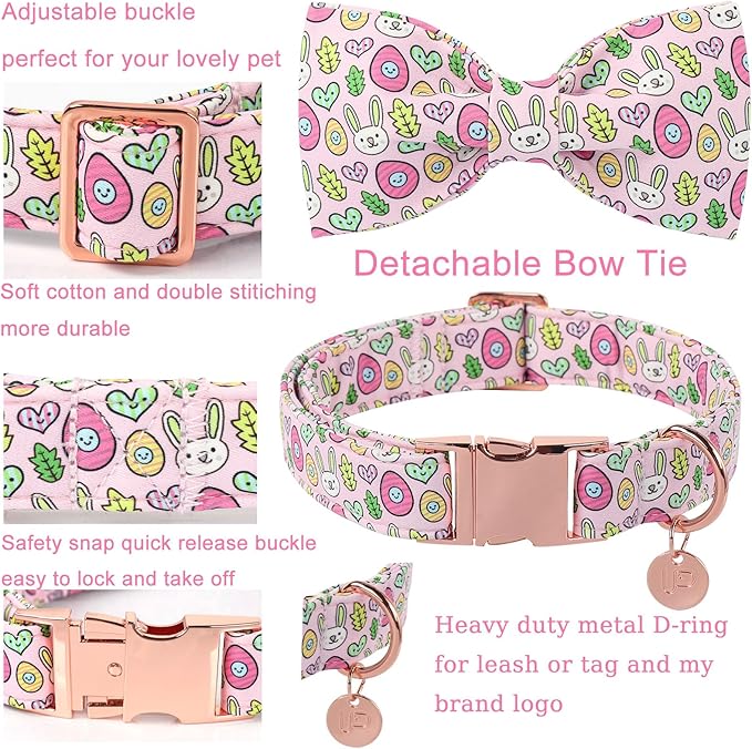 Easter Bunny Dog Collar with Bowtie,Cotton Easter Eggs Bowtie Collar for Puppy Girl Boy Dogs,Cute Bunny Pet Collars with Metal Buckle,Gift Dog Collars, L, Neck 16-24in