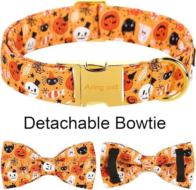 ARING PET Dog Collar with Bow-Halloween Dog Collar Bowtie, Adorable Boy and Girl Ghost Pumpkin Dogs Bowtie Collar Gifts with Metal Buckle