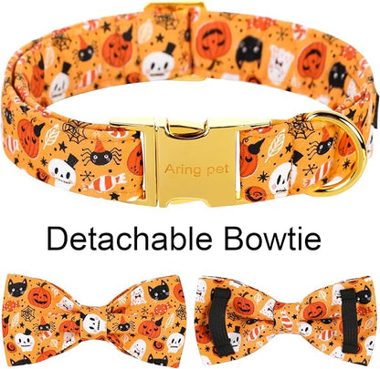 ARING PET Dog Collar with Bow-Halloween Dog Collar Bowtie, Adorable Boy and Girl Ghost Pumpkin Dogs Bowtie Collar Gifts with Metal Buckle