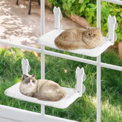 2 Pack Cat Window Perch,Cat Window Hammock Cordless Foldable Window Bed with 4 Large Strong Suction Cup,Reversible Cushion Cover,Metal Frame Easy to Adjust Window Seat Holds up to 40lbs(White，M