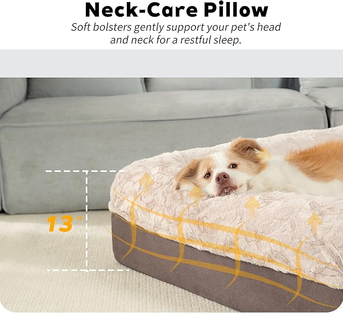 PetFun Memory Foam XL Dog Bed for XLarge Sized, Extra Large Orthopedic Dog Sofa with Sides and Waterproof Liner, Washable Bolster Pet Bed Couch with Removable Cover, 60x43x13 Inch, Khaki