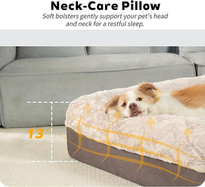 PetFun Memory Foam XL Dog Bed for XLarge Sized, Extra Large Orthopedic Dog Sofa with Sides and Waterproof Liner, Washable Bolster Pet Bed Couch with Removable Cover, 50x38x13 Inch, Khaki