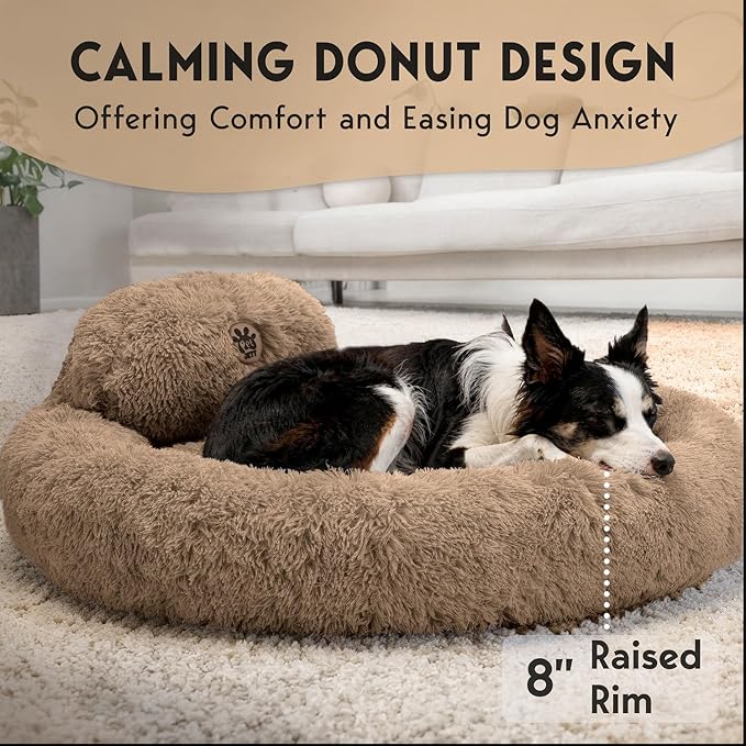 PetJett Calming Large Dog Bed - 36'' Donut Dog Beds, Anti-Slip & Washable Large Round Bed, Fluffy Faux Fur Pet Bed, Super Soft Anti-Anxiety Premium Comfort Bed, Fits Dogs up to 80 lbs - Beige