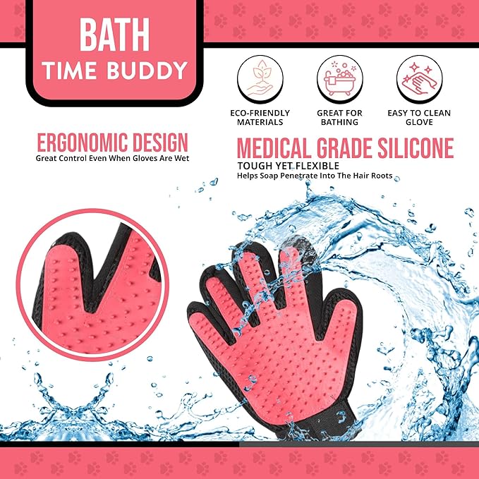 Pet Grooming Gloves – 1 Pair – Deshedding & Bath Massage Mitts for Dogs & Cats – Choose from 5 Colors – Adjustable, Reusable & Easy to Clean (Pink)