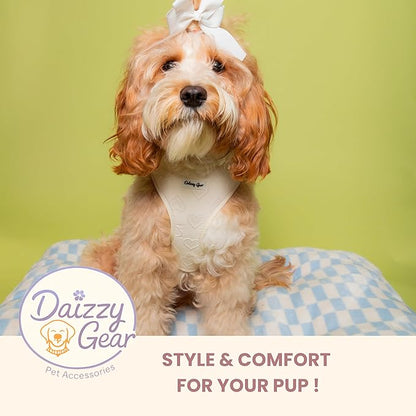Small Dog Harness Set – Cute No Pull, All Weather, Breathable Harness and Leash Set with Collar, Bandana, Sailor Bow & Poop Bag Holder – Adjustable, Soft & Stylish - Cream Hearts on Jacquard Fabric
