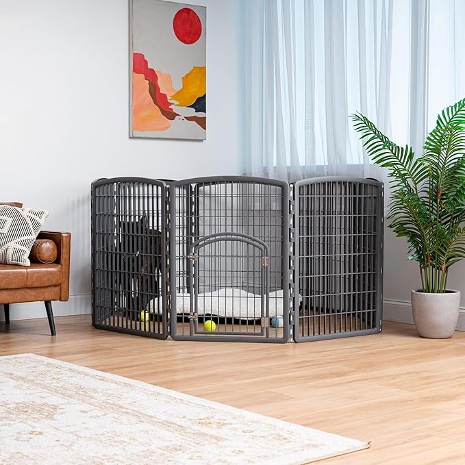 IRIS USA 34" 8-Panel Pet Dog Puppy Playpen with Door, Indoor/Outdoor Dog Pen, 63 x 63 x 34, Foldable, Customizable, Dark Gray