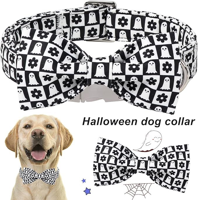 ARING PET Halloween Dog Collar with Bow, Black White Plaid Ghost Floral Cute Pet Collars with Quick Release Buckle for Puppy Small Medium Large Girl Boy Dogs-M