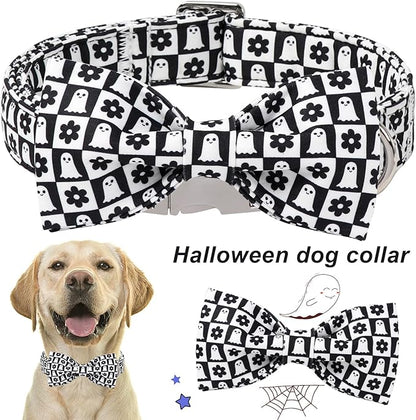 ARING PET Halloween Dog Collar with Bow, Black White Plaid Ghost Floral Cute Pet Collars with Quick Release Buckle for Puppy Small Medium Large Girl Boy Dogs-M